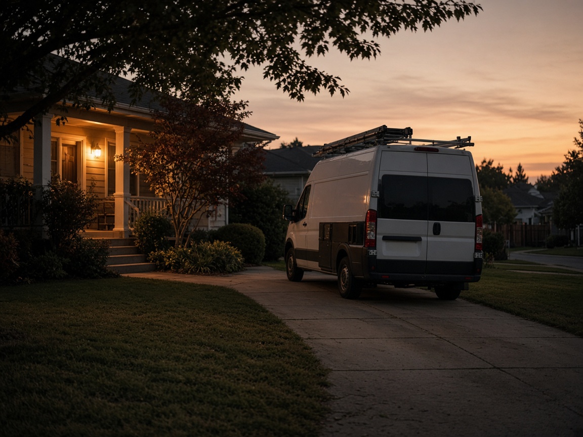 A service van parked in a residential driveway at dusk